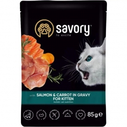Savory Влажный корм для котят лосось с морковью в соусе, 85 г -  Влажный корм для котов -    
