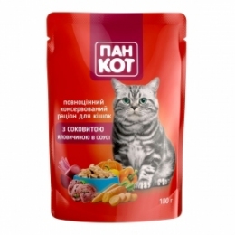 Пан-кіт консерви для котів яловичина в соусі 100г пауч -  Вологий корм для котів -   Клас Економ  