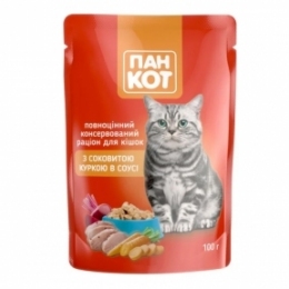 Пан-кот консервы для кошек курица в соусе 100г ПАУЧ -  Влажный корм для котов -  Ингредиент: Курица 