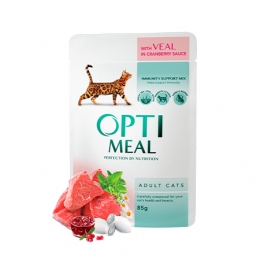 Optimeal вологий корм для дорослих котів з телятиною в журавлинному соусі -  Оptimeal консерви для кішок 