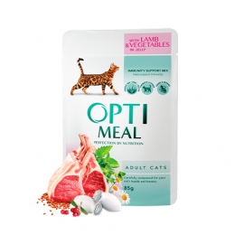 Optimeal вологий корм для дорослих котів з ягням і овочами в желе -  Корм для виведення вовни -    